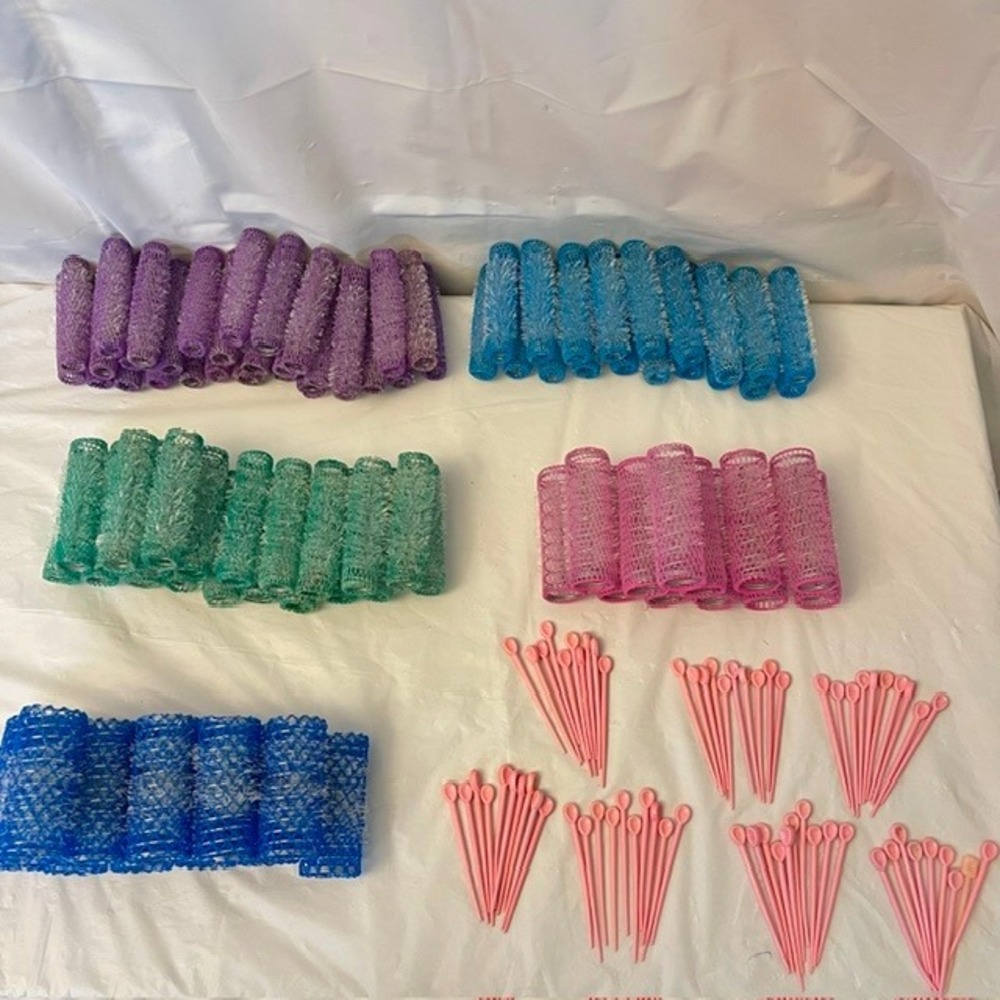 Vintage Wire Mesh Brush Hair Roller Set with Pins Multi Color Multi Size 163 Pc